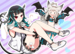 Rule 34 | 2girls, nanashi inc., animal, animal ear fluff, animal ears, animal on head, animare, belt, belt bra, black footwear, black gloves, black hair, black jacket, black legwear, black skirt, blue belt, blue hair, blush, braid, chest belt, clothing cutout, commentary request, cosplay, costume switch, cropped jacket, cross-laced clothes, cross-laced sleeves, demon girl, demon horns, demon tail, fang, flat chest, full body, garter straps, gloves, grey hair, grey scarf, grey skirt, horns, jacket, layered skirt, long hair, long sleeves, looking at viewer, midriff, multicolored hair, multiple girls, navel, on head, open clothes, open jacket, open mouth, pointy ears, red eyes, scarf, sch, shiromiya mimi, shiromiya mimi (cosplay), shishio chris, shishio chris (cosplay), shoes, shoulder cutout, side braid, single braid, single thighhigh, skirt, sneakers, sugar lyric, tail, thighhighs, two-tone hair, vest, virtual youtuber, white background, white footwear, white vest, | |