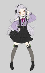 Rule 34 | 1girl, alternate costume, bag, blunt bangs, blush, casual, commentary request, earrings, fingernails, full body, grey background, handbag, headband, hololive, jewelry, minamura haruki, murasaki shion, open mouth, silver hair, simple background, solo, thighhighs, virtual youtuber