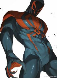 Rule 34 | 1boy, animal print, artist request, bara, blue bodysuit, bodysuit, bulge, covered abs, covered navel, feet out of frame, foreshortening, from below, gluteal fold, highres, large pectorals, looking at viewer, looking down, male focus, marvel, mask, muscular, muscular male, obliques, pectorals, print bodysuit, red bodysuit, short hair, skin tight, solo, spider-man: across the spider-verse, spider-man (2099), spider-man (series), spider-verse, spider print, superhero costume, thick thighs, thighs, two-tone bodysuit
