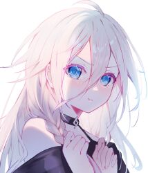 Rule 34 | 1girl, :t, ahoge, bare shoulders, blue eyes, braid, choker, closed mouth, from side, grey hair, hair between eyes, hands up, highres, ia (vocaloid), long hair, long hair between eyes, looking at viewer, looking to the side, murumuru (pixiv51689952), off shoulder, pout, side braid, simple background, solo, upper body, vocaloid, white background, white hair