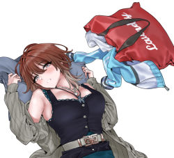 Rule 34 | 1girl, aketa mikoto, armpits, belt buckle, black shirt, blush, breasts, brown hair, buckle, coat, gradient hair, grey coat, hamedoragon, holding, holding pillow, idolmaster, idolmaster shiny colors, implied sex, jacket, unworn jacket, jewelry, large breasts, light brown hair, looking at viewer, multicolored hair, necklace, pillow, ribbed coat, shirt, simple background, sleeveless, sleeveless shirt, solo, track jacket, upper body