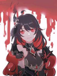 Rule 34 | 1girl, absurdres, antenna hair, bare shoulders, black dress, black gloves, blood, closed mouth, dress, gloves, hair between eyes, hair ornament, highres, honkai (series), honkai impact 3rd, long hair, looking at viewer, red eyes, red hair, seele (alter ego), seele vollerei, seele vollerei (starchasm nyx), simple background, smile, solo, tanghc175, white background