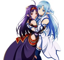 Rule 34 | 10s, 2girls, absurdres, asuna (sao), asuna (sao-alo), belt, blue eyes, blue hair, blue thighhighs, detached sleeves, dress, hand on another&#039;s head, highres, hug, huge filesize, long hair, looking at viewer, multiple girls, mutual hug, pointy ears, purple hair, red eyes, simple background, smile, sword art online, thighhighs, white background, white dress, yuuki (sao), zettai ryouiki