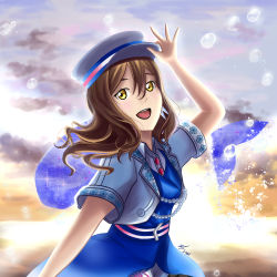 Rule 34 | 1girl, absurdres, adjusting clothes, adjusting headwear, artist name, artist request, blue dress, blush, breasts, brown eyes, brown hair, bubble, cloud, coattails, collared shirt, cropped jacket, curly hair, dress, dress shirt, earrings, female focus, floating hair, flower print, hair between eyes, hat, highres, jacket, jewelry, kunikida hanamaru, let&#039;s go wonder trip, light brown hair, long hair, looking at viewer, love live!, love live! school idol festival, love live! sunshine!!, outdoors, parted lips, peaked cap, shirt, shirt under dress, short shorts, short sleeves, shorts, shorts under dress, sky, small breasts, smile, smile smile ship start!!, solo, star (symbol), star print, wavy hair, white jacket, white shorts, wing collar, yellow eyes
