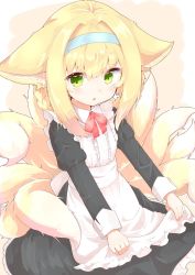Rule 34 | 1girl, :o, alternate costume, animal ear fluff, animal ears, apron, arknights, black dress, blonde hair, blue hairband, bow, braid, braided hair rings, brown background, center frills, collared dress, commentary request, dress, enmaided, fox ears, fox girl, fox tail, frilled apron, frills, hair rings, hairband, juliet sleeves, kitsune, kyuubi, long sleeves, looking at viewer, maid, multicolored hair, multiple tails, parted lips, puffy sleeves, rano u rabe, red bow, sidelocks, solo, suzuran (arknights), tail, twin braids, two-tone background, two-tone hair, white apron, white background, white hair