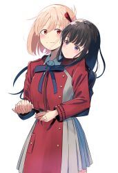 Rule 34 | 2girls, absurdres, black hair, blonde hair, blue dress, blue skirt, blush, bow, chai haru, collared shirt, commentary request, cowboy shot, dress, grey dress, hair ornament, hair ribbon, hand on another&#039;s waist, highres, holding hands, hug, hug from behind, inoue takina, light smile, long hair, long sleeves, looking at viewer, lycoris recoil, lycoris uniform, multiple girls, neck ribbon, nishikigi chisato, pleated dress, pleated skirt, purple eyes, red dress, red eyes, red ribbon, ribbon, shirt, short hair, sidelocks, simple background, skirt, smile, two-tone dress, yuri