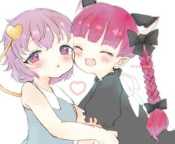 Rule 34 | 2girls, :3, animal ears, black bow, blush, bow, cat ears, chibi, collar, dress, extra, closed eyes, fangs, green dress, heart, highres, hug, kaenbyou rin, komeiji satori, long hair, multiple girls, nudge, one-hour drawing challenge, open mouth, pink eyes, pointy ears, puffy short sleeves, puffy sleeves, purple eyes, purple hair, red hair, renakobonb, rubbing, short hair, short sleeves, signature, sketch, sleeveless, smile, touhou, white background, white collar
