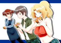 Rule 34 | 10s, absurdres, alisa (girls und panzer), bare shoulders, black pants, black pantyhose, blonde hair, blue dress, blue eyes, blue shorts, breasts, brown eyes, brown hair, burger, casual, collared shirt, commentary, crop top, denim, denim shorts, dress, dutch angle, eating, food, food on face, freckles, girls und panzer, green shirt, hair intakes, highres, holding, holding food, jeans, kay (girls und panzer), letterboxed, lips, long hair, long sleeves, looking at viewer, medium breasts, medium dress, midriff, naomi (girls und panzer), navel, open clothes, open shirt, oze (xyz go go11), pants, pantyhose, purple scrunchie, red shirt, scrunchie, shadow, shirt, short hair, short twintails, shorts, standing, strapless, tube top, twintails, very short hair, white background, white shirt