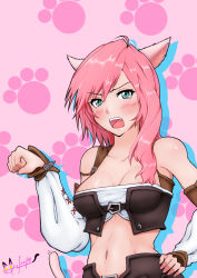 Rule 34 | 10s, 1girl, animal ears, blush, breasts, cat ears, cat girl, cat tail, cleavage, female focus, final fantasy, final fantasy xiii, green eyes, hand on own hip, highres, hori shin, lightning farron, midriff, nail polish, navel, open mouth, pink hair, solo, tail