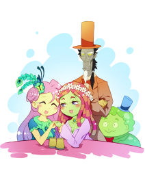 Rule 34 | 2boys, 2girls, commentary request, discord (my little pony), fluttershy, formal, hat, jealous, multiple boys, multiple girls, my little pony, my little pony: friendship is magic, personification, smooze, top hat, tree hugger, xin yu hua yin