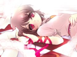 Rule 34 | 1girl, arm ribbon, blush, brown hair, carrot, checkered floor, doily, face, female focus, floor, inaba tewi, jewelry, looking at viewer, lying, on back, pendant, perspective, red eyes, ribbon, short hair, silhouette sakura, solo, touhou