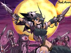 Rule 34 | 4girls, aliasing, battlefield, black hair, blood, bottomless, breasts, dual wielding, flat chest, holding, impossible clothes, large breasts, magic: the gathering, monster girl, moon, multiple girls, multiple moons, navel, night, outdoors, purple eyes, scythe, sword, third eye, weapon, white hair, yone88, yonezuka ryou