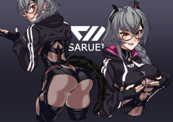 Rule 34 | 1girl, ass, ass cutout, black nails, blush, braid, breasts, butt crack, cleavage, cleavage cutout, clothing cutout, cyborg, fang, glasses, gloves, grabbing own breast, grey hair, indie virtual youtuber, large breasts, mechanical tail, nail polish, paizuri invitation, partially fingerless gloves, red eyes, revealing clothes, saruei (vtuber), scar, scar across eye, scar on face, solo, tail, underboob, underboob cutout, virtual youtuber, weiyikeshi