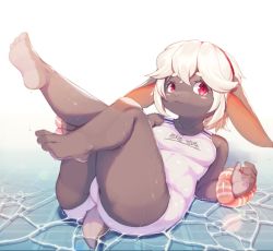 Rule 34 | 1girl, :&lt;, animal ears, ass, barefoot, borrowed character, breasts, feet, furry, furry female, hairband, highres, legs up, lying, on back, one-piece swimsuit, original, rabbit ears, rabbit girl, rabbit tail, red eyes, school swimsuit, scrunchie, short hair, small breasts, smile, soles, solo, swimsuit, tail, thighs, water, white hair, white one-piece swimsuit, white school swimsuit, whooo-ya, wrist scrunchie