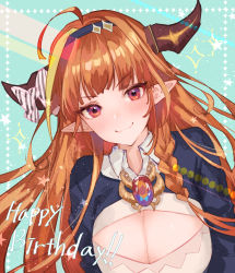 Rule 34 | 1girl, 778-go, ahoge, black jacket, blonde hair, blue background, blush, bow, braid, breasts, brooch, center opening, cleavage, cleavage cutout, closed mouth, clothing cutout, collared shirt, commentary, diagonal-striped bow, dragon horns, fangs, hairband, happy birthday, highres, hololive, horn bow, horn ornament, horns, jacket, jewelry, kiryu coco, kiryu coco (1st costume), large breasts, long hair, looking at viewer, multicolored hair, orange hair, pointy ears, red eyes, shirt, side braid, simple background, smile, solo, sparkle, star (symbol), streaked hair, striped, two-tone hair, upper body, virtual youtuber, white shirt, wing collar