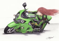 Rule 34 | 1girl, colored pencil (medium), female focus, floating hair, gradient background, hong meiling, kawasaki, motor vehicle, motorcycle, no headwear, red hair, red pond, signature, smile, solo, touhou, traditional media, vehicle, wind