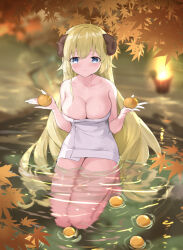 Rule 34 | 1girl, animal ears, blonde hair, breasts, cleavage, closed mouth, collarbone, commentary request, crystal shoujo, food, fruit, highres, holding, holding food, holding fruit, hololive, horns, large breasts, long hair, looking at viewer, naked towel, onsen, orange (fruit), purple eyes, seiza, sheep ears, sheep girl, sheep horns, sitting, smile, solo, towel, tsunomaki watame, very long hair, virtual youtuber, water