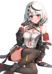 Rule 34 | 1girl, absurdres, arm support, ass, bad id, bad pixiv id, bare shoulders, belt, black belt, black collar, black footwear, black gloves, black hair, blunt bangs, blush, boots, braid, breasts, brown thighhighs, camisole, caution, cleavage, collar, dutch angle, ear piercing, fingerless gloves, foot out of frame, frilled camisole, frills, garter straps, gloves, hair between eyes, hair ornament, heart collar, heart pendant, highres, hololive, large breasts, long sleeves, looking at viewer, medium hair, miniskirt, multicolored hair, off-shoulder jacket, off shoulder, piercing, plaid, plaid skirt, pleated skirt, red eyes, red footwear, red skirt, sakamata chloe, sasahara kugui, silver hair, sitting, skindentation, skirt, smile, solo, thighhighs, tongue, tongue out, two-tone footwear, two-tone hair, virtual youtuber, white camisole, x hair ornament