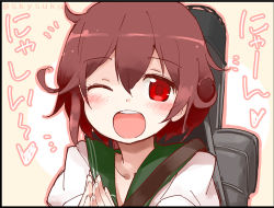 Rule 34 | 10s, 1girl, ;d, collarbone, kantai collection, looking at viewer, machinery, mutsuki (kancolle), one eye closed, open mouth, red eyes, red hair, school uniform, serafuku, smile, solo, suka, twitter username