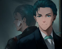 Rule 34 | 1boy, absurdres, black bow, black bowtie, black hair, black jacket, blood, blue jacket, bow, bowtie, collared shirt, different reflection, fate/grand order, fate (series), formal, gloves, green bow, green eyes, highres, jacket, long sleeves, looking at viewer, male focus, neckwear request, reflection, scornine, sherlock holmes (fate), shirt, short hair, signature, smile, solo, suit, upper body, white shirt