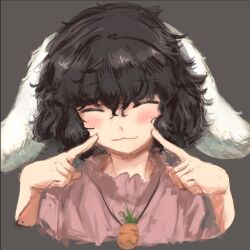 Rule 34 | 1girl, animal ears, black background, black hair, carrot necklace, closed eyes, closed mouth, commentary, english commentary, floppy ears, inaba tewi, jewelry, necklace, pointing, pointing at self, portrait, rabbit ears, short hair, simple background, smile, solo, sparkle71059204, touhou, upper body