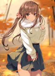 Rule 34 | 1girl, belt, belt buckle, black skirt, blurry, blurry background, blush, breasts, brown eyes, brown hair, buckle, closed mouth, commentary request, cowboy shot, depth of field, floating hair, hair ornament, hair scrunchie, hairclip, highres, holding, icomochi, legs together, long hair, long sleeves, looking at viewer, medium breasts, miniskirt, original, outdoors, pink scrunchie, ribbed sweater, scarf, scrunchie, sidelocks, skirt, sleeves past wrists, smile, solo, standing, sweater, tree, twintails, wallet, white sweater, wind, wind lift