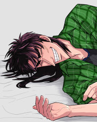 Rule 34 | 1boy, absurdres, black shirt, closed eyes, commentary request, facial scar, fingernails, fukumoto nobuyuki (style), green shirt, grey background, grin, highres, itou kaiji, kaiji, long hair, lying, male focus, medium bangs, official style, on side, open clothes, open shirt, parody, plaid, plaid shirt, pointy nose, scar, scar on cheek, scar on face, shirt, short sleeves, smile, solo, style parody, upper body, usarinko