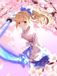 Rule 34 | 1girl, absurdres, bad id, bad pixiv id, blonde hair, blunt bangs, bow, breasts, cherry blossoms, closed mouth, collarbone, dress, dual wielding, energy sword, floating hair, floral print, fur trim, hair bow, highres, holding, japanese clothes, katana, long hair, long sleeves, looking at viewer, medium breasts, monmo mu, original, petals, ponytail, purple eyes, sash, serious, sidelocks, solo, sword, weapon, wide sleeves