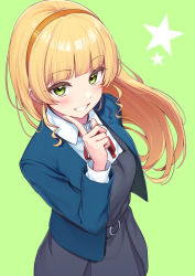 Rule 34 | 1girl, belt, blonde hair, blue jacket, blunt bangs, blush, buttons, collared shirt, commentary, cowboy shot, deadnooodles, dress, finger to own chin, floating hair, from above, green background, green eyes, grey belt, grey dress, grin, hairband, hand up, heanna sumire, highres, index finger raised, jacket, long hair, long sleeves, looking at viewer, love live!, love live! superstar!!, neck ribbon, open clothes, open jacket, orange hairband, parted lips, red ribbon, ribbon, school uniform, shirt, simple background, smile, solo, standing, star (symbol), white shirt, yuigaoka school uniform