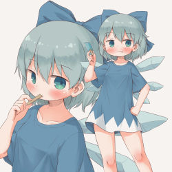 Rule 34 | 1girl, arinu, blue bow, blue eyes, blue hair, blue shirt, blush, bow, cirno, closed mouth, collarbone, detached wings, fairy, food, hair between eyes, hair bow, highres, holding, holding food, ice, ice wings, multiple views, popsicle, shirt, short hair, short sleeves, touhou, wings