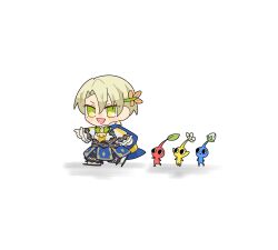 Rule 34 | 1boy, 3others, alfred (fire emblem), ascot, blonde hair, blue cape, blue pikmin, cape, fire emblem, fire emblem engage, green eyes, highres, merylemons, multiple others, nintendo, orange gemstone, pikmin (series), prince, red pikmin, short hair, smile, yellow ascot, yellow pikmin