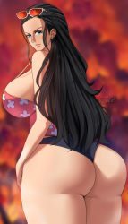 Rule 34 | 1girl, absurdres, ass, ass focus, black hair, from behind, highres, huge ass, long hair, looking at viewer, looking back, musaed art, nico robin, one piece, sky, sleeveless, solo, sunglasses on head, thong, wide hips