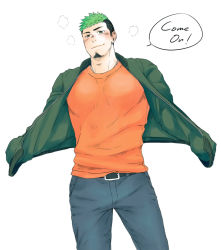 Rule 34 | 1boy, alternate costume, bara, black hair, blush, breath, casual, cowboy shot, facial hair, goatee, green eyes, green hair, ikusaba daisuke, jacket, jacket on shoulders, large pectorals, looking at viewer, male focus, multicolored hair, pectorals, smile, solo, taurus mask, tokyo houkago summoners, unplugged line, white background