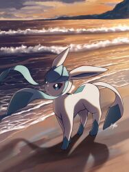 Rule 34 | animal focus, bright pupils, closed mouth, cloud, commentary request, creatures (company), frown, game freak, gen 4 pokemon, glaceon, highres, kuchiba (jret2454), looking up, nintendo, no humans, outdoors, pokemon, pokemon (creature), sand, shore, signature, sky, solo, standing, twilight, water, white pupils