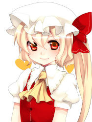 Rule 34 | 1girl, ascot, bad id, bad nicoseiga id, blonde hair, blush, embodiment of scarlet devil, female focus, flandre scarlet, hair between eyes, hat, heart, lips, long hair, portrait, puffy sleeves, red eyes, side ponytail, simple background, smile, solo, touhou, upper body, yutazou