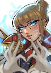 Rule 34 | 1girl, animification, apex legends, artist name, black jacket, blonde hair, collared shirt, commentary, drawn ears, earrings, electricity, english commentary, facial scar, glasses, gloves, glowing, glowing eyes, hair behind ear, hair bun, heart, heart hands, highres, jacket, jewelry, looking at viewer, official alternate costume, portrait, professor paquette wattson, scar, scar on cheek, scar on face, sevpha, shirt, single hair bun, smile, solo, wattson (apex legends), white gloves, white jacket, white shirt