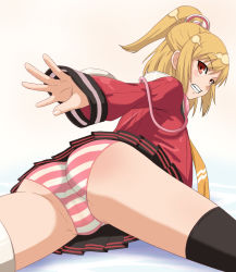 Rule 34 | 1girl, all fours, ass, blonde hair, blush, brown eyes, cameltoe, emilia percival, from behind, hou (hachiyou), long hair, looking back, outstretched arm, outstretched hand, panties, phantasy star, phantasy star portable 2, reaching, scarf, skirt, solo, striped clothes, striped panties, thighhighs, trefoil, underwear