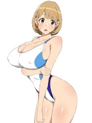 Rule 34 | 10s, 1girl, breasts, brown eyes, brown hair, cleavage, competition swimsuit, covered erect nipples, hair ornament, hairclip, highleg, highleg swimsuit, highres, kagemusha, large breasts, narusawa ryouka, occultic;nine, one-piece swimsuit, short hair, smile, solo, standing, swimsuit