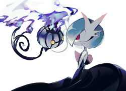 Rule 34 | 1girl, alternate color, bare shoulders, black dress, black gloves, blank eyes, blue hair, bob cut, chandelure, closed mouth, colored skin, creatures (company), dress, elbow gloves, expressionless, eye contact, female focus, fire, flat chest, floating, from side, full body, game freak, gardevoir, gen 3 pokemon, gen 5 pokemon, gloves, highres, looking at another, mega gardevoir, mega pokemon, nintendo, pokemon, pokemon (creature), profile, purple fire, red eyes, shiny pokemon, short hair, simple background, standing, strapless, strapless dress, tem (tem konp10), upper body, white background, white skin, yellow eyes