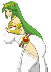 Rule 34 | 1girl, ass, breasts, green eyes, green hair, highres, huge breasts, kid icarus, long hair, looking at viewer, matching hair/eyes, nintendo, palutena, plump, simple background, solo, thick thighs, thighhighs, thighs, zeon (pixiv722928)