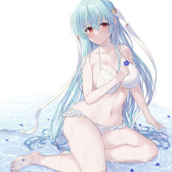 Rule 34 | 1girl, alternate costume, awayuki ramika, bare arms, bare legs, bikini, blue hair, blush, breasts, cleavage, closed mouth, collarbone, commentary request, feet, fire emblem, fire emblem: the blazing blade, flower, hair between eyes, hair ribbon, holding, holding flower, large breasts, long hair, looking at viewer, navel, ninian (fire emblem), nintendo, petals, petals on liquid, red eyes, ribbon, smile, solo, swimsuit, thighs, toes, very long hair, wet, white bikini