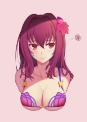Rule 34 | absurdres, aira5, bad id, bad pixiv id, bikini, breasts, fate/grand order, fate (series), flower, hibiscus, highres, large breasts, long hair, looking away, purple bikini, purple hair, red eyes, scathach (fate), solo, swimsuit, upper body