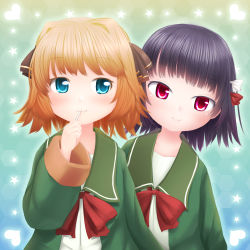Rule 34 | 2girls, black hair, black ribbon, blue eyes, bow, bowtie, brown hair, candy, commentary request, food, gradient background, green background, green jacket, hachijou (kancolle), hair ribbon, ishigaki (kancolle), jacket, kantai collection, lollipop, long sleeves, looking at viewer, mizuno (aya huya), multiple girls, red bow, red eyes, red neckwear, ribbon, short hair, star (symbol), starry background, upper body, white bow