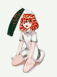 Rule 34 | 1other, crystal hair, dress, gakarico, hand on another&#039;s head, head pat, headpat, houseki no kuni, matching hair/eyes, red diamond (houseki no kuni), red eyes, red hair, simple background, sitting, solo focus, white dress
