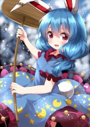 Rule 34 | 1girl, animal ears, blue dress, blue hair, blush, crescent print, dress, earclip, frilled dress, frills, highres, holding, kine, long hair, mallet, open mouth, rabbit ears, rabbit tail, red eyes, ruu (tksymkw), seiran (touhou), short sleeves, smile, solo, star (symbol), star print, tail, touhou