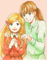 Rule 34 | 2girls, :d, blue eyes, blush, brown hair, butterfly hair ornament, clover, four-leaf clover, green shirt, hair ornament, hanamoto hagumi, hands on shoulders, honey and clover, long sleeves, looking at viewer, marine (thanks), multiple girls, open mouth, pink background, ponytail, red shirt, red skirt, shirt, simple background, skirt, smile, yamada ayumi