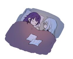 Rule 34 | 2girls, asahina mafuyu, blue hair, chinese commentary, closed eyes, closed mouth, commentary, fofireee, hair down, holding hands, light blue hair, long hair, looking at another, lying, multiple girls, on side, paper, pillow, project sekai, purple hair, sleeping, smile, yoisaki kanade