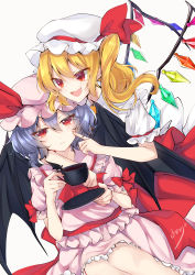 Rule 34 | 2girls, :d, :i, absurdres, arms up, bat wings, blonde hair, blouse, cheek poking, cowboy shot, crystal, cup, dutch angle, fang, feet out of frame, flandre scarlet, hair between eyes, hat, hat ribbon, highres, holding, holding cup, holding saucer, leaning on person, legs together, looking at another, looking at viewer, mob cap, multiple girls, open mouth, pink shirt, pink skirt, poking, puffy short sleeves, puffy sleeves, red eyes, red skirt, red vest, remilia scarlet, ribbon, saucer, shirt, short hair, short sleeves, siblings, side ponytail, simple background, sisters, sitting, skirt, smile, solanikieru, standing, teacup, touhou, vest, white background, white shirt, wings, yokozuwari