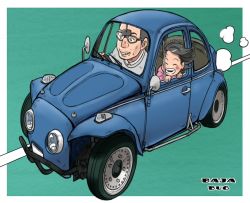 Rule 34 | 1boy, 1girl, :d, ^ ^, age difference, baja bug, border, car, child, closed eyes, driving, glasses, hamuji, happy, motor vehicle, open mouth, original, outside border, smile, vehicle focus, volkswagen, volkswagen beetle, white border