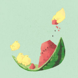 Rule 34 | animal focus, bird, commentary request, dated commentary, eating, food, food focus, fruit, green background, highres, holding, holding food, holding fruit, no humans, original, partial commentary, simple background, terao (omelettera), watermelon, watermelon seeds, watermelon slice